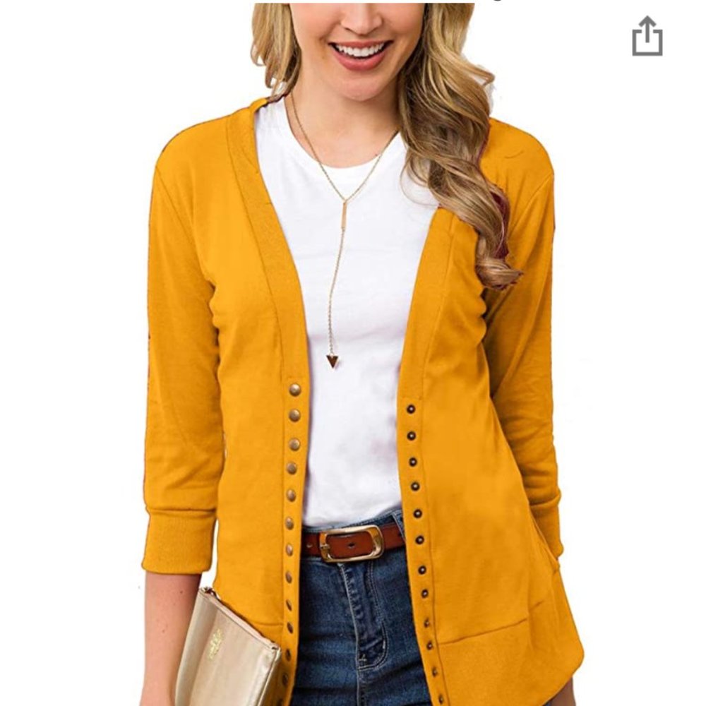 NWT Cowear Snap front V Neck Cardi, Sunny Yellow